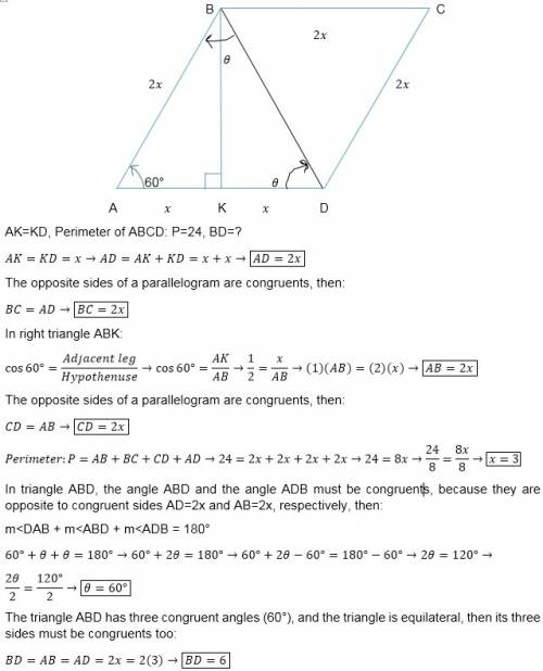 Given:  abcd is a parallelogram m∠a = 60º ;  bk ⊥ ad ak = kd;  perimeter of abcd = 24 find:  bd.