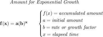 \bf \qquad \textit{Amount for Exponential Growth}\\\\&#10;f(x)=a(b)^x\qquad &#10;\begin{cases}&#10;f(x)=\textit{accumulated amount}\\&#10;a=\textit{initial amount}\\&#10;b=\textit{rate or growth factor}\\&#10;x=\textit{elapsed time}\\&#10;\end{cases}