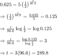 0.625=5\left( \frac{1}{2} \right)^{ \frac{t}{96.6} } \\  \\ \Rightarrow\left( \frac{1}{2} \right)^{ \frac{t}{96.6} }= \frac{0.625}{5} =0.125 \\  \\ \Rightarrow\frac{t}{96.6}\log{ \frac{1}{2} }=\log0.125 \\  \\ \Rightarrow\frac{t}{96.6}= \frac{\log0.125}{\log{ \frac{1}{2} }} =3 \\  \\ \Rightarrow t=3(96.6)=289.8