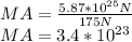 MA= \frac{ 5.87* 10^{25} N }{175 N} \\ MA=3.4* 10^{23}