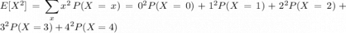 E[X^2]=\displaystyle\sum_xx^2\,P(X=x)=0^2P(X=0)+1^2P(X=1)+2^2P(X=2)+3^2P(X=3)+4^2P(X=4)