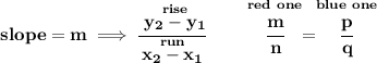 \bf slope =  m\implies &#10;\cfrac{\stackrel{rise}{ y_2- y_1}}{\stackrel{run}{ x_2- x_1}}\qquad \stackrel{red~one}{\cfrac{m}{n}}=\stackrel{blue~one}{\cfrac{p}{q}}