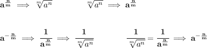 \bf a^{\frac{{ n}}{{ m}}} \implies  \sqrt[{ m}]{a^{ n}} \qquad \qquad&#10;\sqrt[{ m}]{a^{ n}}\implies a^{\frac{{ n}}{{ m}}}&#10;\\\\\\&#10;a^{-\frac{{ n}}{{ m}}} \implies &#10; \cfrac{1}{a^{\frac{{ n}}{{ m}}}} \implies \cfrac{1}{\sqrt[{ m}]{a^{ n}}}\qquad\qquad &#10;\cfrac{1}{\sqrt[{ m}]{a^{ n}}}= \cfrac{1}{a^{\frac{{ n}}{{ m}}}}\implies a^{-\frac{{ n}}{{ m}}}