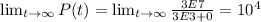\lim_{t \to \infty} P(t) =  \lim_{t \to \infty}  \frac{3E7}{3E3+0} =  10^{4}