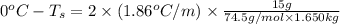 0^oC-T_s=2\times (1.86^oC/m)\times \frac{15g}{74.5g/mol\times 1.650kg}