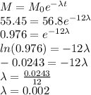 M=M_0e^{-\lambda t}\\&#10;55.45=56.8e^{-12\lambda}\\&#10;0.976=e^{-12\lambda}\\&#10;ln(0.976)=-12\lambda\\&#10;-0.0243=-12\lambda\\&#10;\lambda=\frac{0.0243}{12}\\&#10;\lambda=0.002