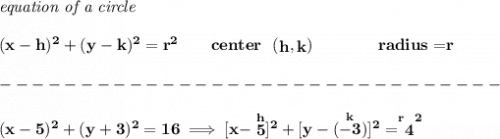 \bf \textit{equation of a circle}\\\\ &#10;(x-{{ h}})^2+(y-{{ k}})^2={{ r}}^2&#10;\qquad &#10;center~~(\stackrel{}{{{ h}}},\stackrel{}{{{ k}}})\qquad \qquad &#10;radius=\stackrel{}{{{ r}}}\\\\&#10;-------------------------------\\\\&#10;(x-5)^2+(y+3)^2=16\implies [x-\stackrel{h}{5}]^2+[y-(\stackrel{k}{-3})]^2=\stackrel{r~~2}{4}