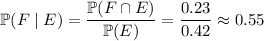 \mathbb P(F\mid E)=\dfrac{\mathbb P(F\cap E)}{\mathbb P(E)}=\dfrac{0.23}{0.42}\approx0.55