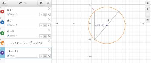 Find the coordinates of the circumcenter for ∆def with coordinates d(1,3) e (8,3) and f(1,-5). show
