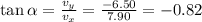 \tan \alpha =  \frac{v_y}{v_x}= \frac{-6.50}{7.90}=-0.82