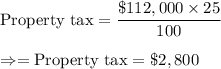 \text{Property tax}=\dfrac{\$112,000\times25}{100}\\\\\Rightarrow=\text{Property tax}=\$2,800