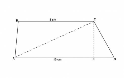 Given:  abcd is a trapezoid, ad = 10, bc = 8,  ck - altitude  area of ∆acd = 30.  find:  area of abc