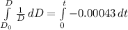 \int\limits^{D}_{D_0} {\frac{1}{D} } \, dD=\int\limits^{t}_{0} {-0.00043} \, dt