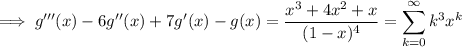 \implies g'''(x)-6g''(x)+7g'(x)-g(x)=\dfrac{x^3+4x^2+x}{(1-x)^4}=\displaystyle\sum_{k=0}^\infty k^3x^k