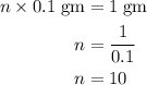 \begin{aligned}n \times 0.1\;\rm{gm}&=1\;\rm{gm}\\n&=\dfrac{1}{0.1}\\n&=10\end{aligned}