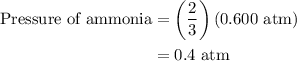 \begin{aligned}{\text{Pressure of ammonia}} &= \left( {\frac{2}{3}} \right)\left( {0.600{\text{ atm}}} \right) \\&= 0.4{\text{ atm}} \\\end{aligned}