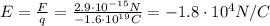 E= \frac{F}{q}= \frac{2.9\cdot 10^{-15}N}{-1.6 \cdot 10^{19}C}=-1.8 \cdot 10^4 N/C