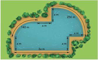 The diagram shows an artificial lake. when amanda jogged twice around the lake she jogged a distance