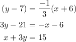 \begin{aligned}(y-7)&=\frac{-1}{3}(x+6)\\3y-21&=-x-6\\x+3y&=15\end{aligned}