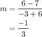 \begin{aligned}m&=\frac{6-7}{-3+6}\\&=\dfrac{-1}{3}\end{aligned}