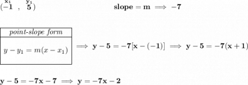 \bf (\stackrel{x_1}{-1}~,~\stackrel{y_1}{5})~\hspace{10em} slope = m\implies -7 \\\\\\ \begin{array}{|c|ll} \cline{1-1} \textit{point-slope form}\\ \cline{1-1} \\ y-y_1=m(x-x_1) \\\\ \cline{1-1} \end{array}\implies y-5=-7[x-(-1)]\implies y-5=-7(x+1) \\\\\\ y-5=-7x-7\implies y=-7x-2