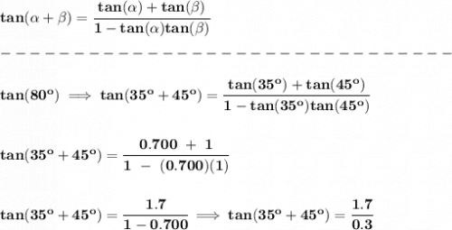 \bf tan({{ \alpha}} + {{ \beta}}) = \cfrac{tan({{ \alpha}})+ tan({{ \beta}})}{1- tan({{ \alpha}})tan({{ \beta}})}\\\\&#10;-------------------------------\\\\&#10;tan(80^o)\implies tan(35^o+45^o)=\cfrac{tan(35^o)+tan(45^o)}{1-tan(35^o)tan(45^o)}&#10;\\\\\\&#10;tan(35^o+45^o)=\cfrac{0.700~+~1}{1~-~(0.700)(1)}&#10;\\\\\\&#10;tan(35^o+45^o)=\cfrac{1.7}{1-0.700}\implies tan(35^o+45^o)=\cfrac{1.7}{0.3}