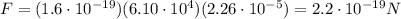 F=(1.6\cdot 10^{-19})(6.10\cdot 10^4)(2.26\cdot 10^{-5})=2.2\cdot 10^{-19} N