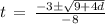 t\,=\,\frac{-3\pm\sqrt{9+4d}}{-8}