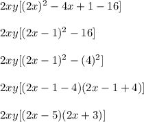 2xy[(2x)^2-4x+1-16]\\\\2xy[(2x-1)^2-16]\\\\2xy[(2x-1)^2-(4)^2]\\\\2xy[(2x-1-4)(2x-1+4)]\\\\2xy[(2x-5)(2x+3)]