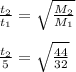 \frac{t_{2}}{t_{1}} = \sqrt{\frac{M_{2}}{M_{1}}} \\\\\frac{t_{2}}{5} = \sqrt{\frac{44}{32}