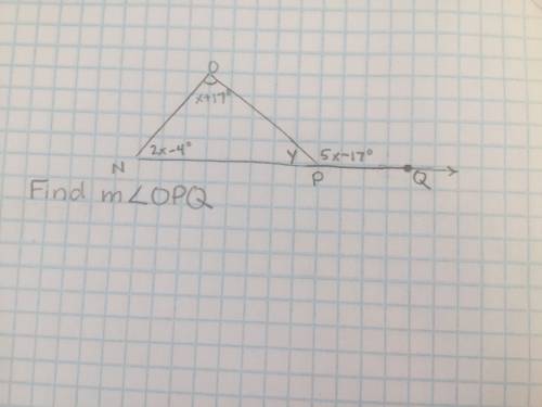 In triangle nop, np is extended through point p to point q, m <  nop =(x+17) degrees, m<  pno