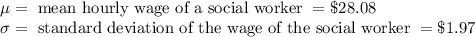 \mu = \text{ mean hourly wage of a social worker }= \$ 28.08&#10;\\ \sigma = \text{ standard deviation of the wage of the social worker }= \$ 1.97