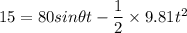 15=80sin\theta t -\dfrac{1}{2}\times 9.81t^2
