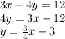 3x-4y=12 \\ 4y=3x-12 \\ y= \frac{3}{4}x-3