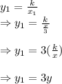 y_1=\frac{k}{x_1}\\\Rightarrow y_1=\frac{k}{\frac{x}{3}}\\\\\Rightarrow y_1=3(\frac{k}{x})\\\\\Rightarrow y_1=3y