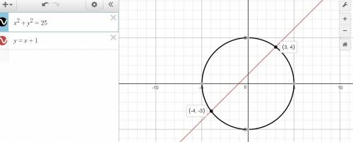 Which graph correctly solves the system of equations below?  x2 + y2 = 25 y = x + 1