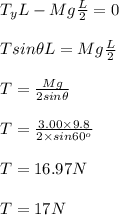 T_{y}L-Mg\frac{L}{2} =0\\ \\T sin\theta L=Mg\frac{L}{2}\\\\ T =\frac{Mg}{2sin\theta} \\\\ T=\frac{3.00\times9.8}{2\times sin60^{o}} \\ \\T= 16.97 N\\\\T=17 N