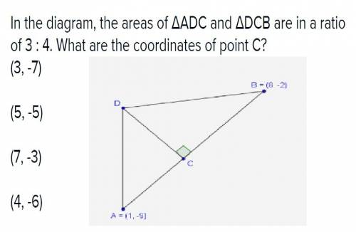 In the diagram, the areas of adc and dcb are in a ratio of 3: 4. what are the coordinates of point c