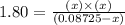 1.80=\frac{(x)\times (x)}{(0.08725-x)}
