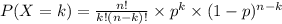 P(X=k)=\frac{n!}{k!(n-k)!}\times p^k\times (1-p)^{n-k}