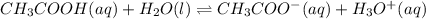 CH_{3}COOH(aq) + H_{2}O(l) \rightleftharpoons CH_{3}COO^{-}(aq) + H_{3}O^{+}(aq)