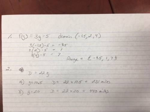 What will the range for the function f(g)=3g-5 for the domain {-1.5, 2, 4}?   show your work!  suppo