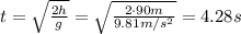 t= \sqrt{ \frac{2h}{g} }= \sqrt{ \frac{2\cdot 90m}{9.81 m/s^2} }=4.28 s
