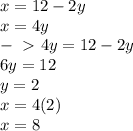 x=12-2y \\ x=4y \\ -\ \textgreater \  4y=12-2y \\ 6y=12 \\ y=2 \\ x=4(2) \\ x = 8