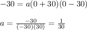 -30 = a(0+30)(0-30) \\  \\ a = \frac{-30}{(-30)(30)} = \frac{1}{30}