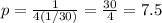 p = \frac{1}{4(1/30)} = \frac{30}{4} = 7.5