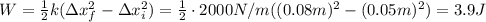 W= \frac{1}{2}k(\Delta x_f^2-\Delta x_i^2)= \frac{1}{2}\cdot 2000 N/m ((0.08m)^2-(0.05m)^2)=3.9 J
