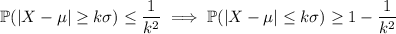 \mathbb P(|X-\mu|\ge k\sigma)\le\dfrac1{k^2}\implies\mathbb P(|X-\mu|\le k\sigma)\ge1-\dfrac1{k^2}