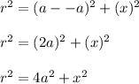 r^2 = (a- -a)^2 + (x)^2\\\\r^2 = (2a)^2 + (x)^2\\\\r^2 = 4a^2 + x^2
