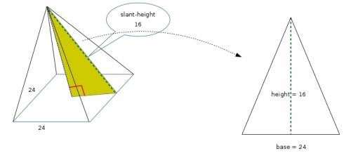 The pyramid shown has a square base that is 24 centimeters on each side. the slant height is 16 cent